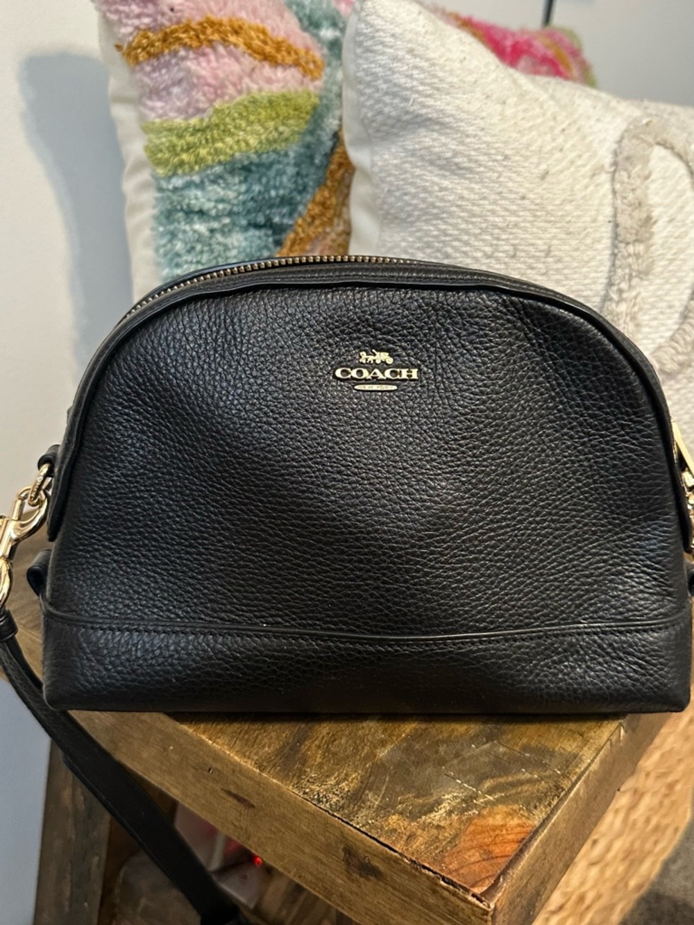 Coach Black Pebbled Leather Dome Crossbody with Gold Hardware